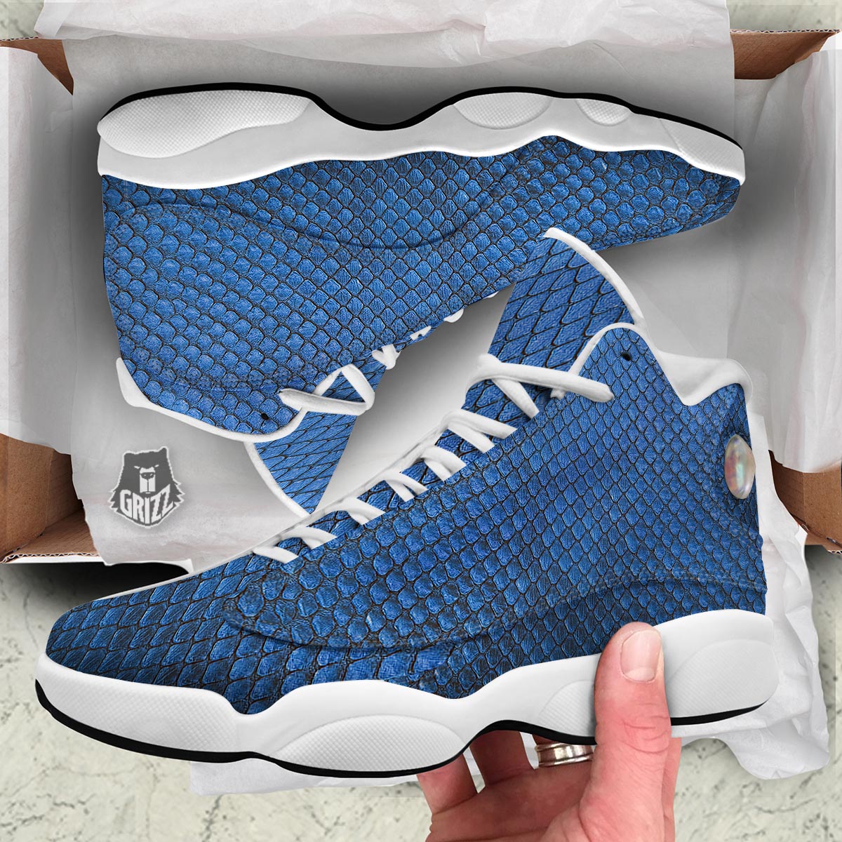 Snakeskin Steel Blue Print White Basketball Shoes-grizzshop