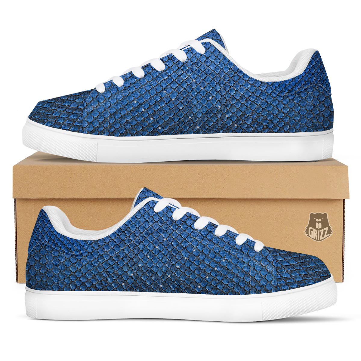 Snakeskin Steel Blue Print White Low Top Sneakers-grizzshop