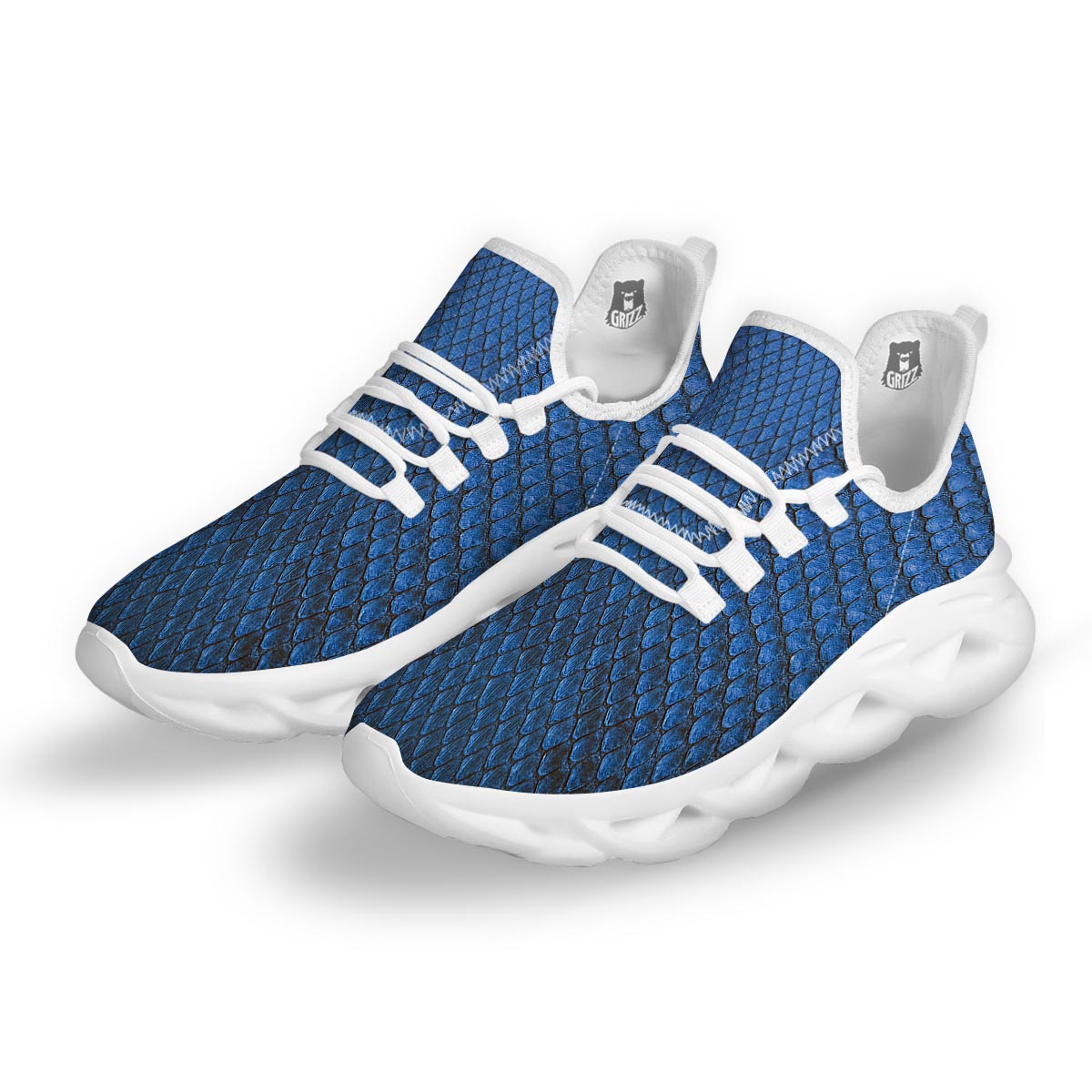 Snakeskin Steel Blue Print White Running Shoes-grizzshop