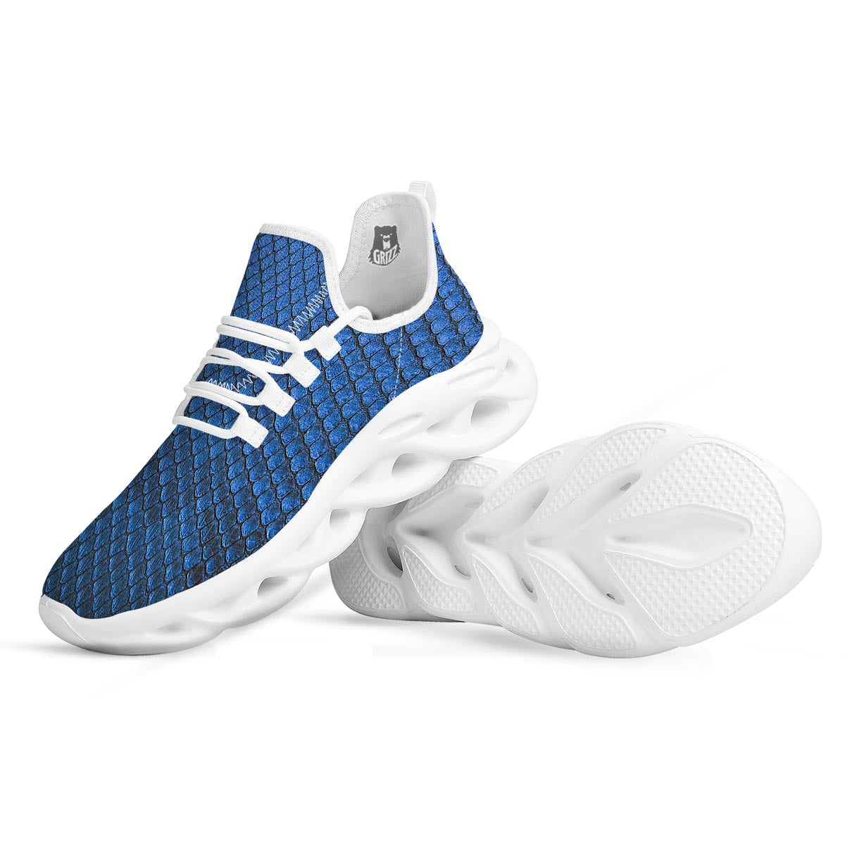 Snakeskin Steel Blue Print White Running Shoes-grizzshop