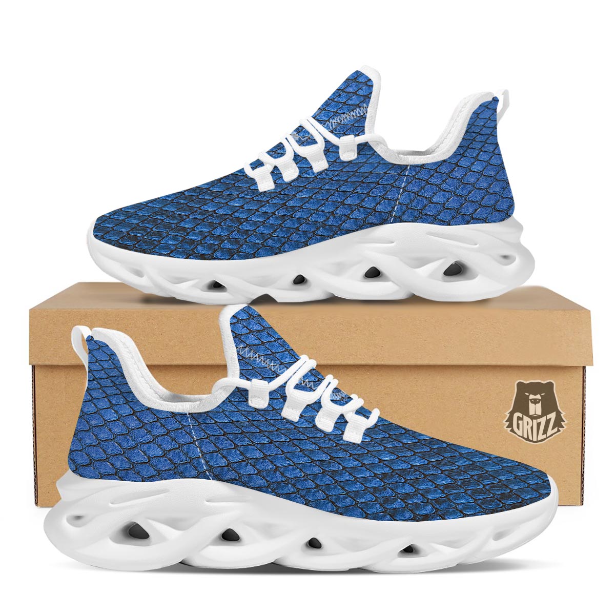 Snakeskin Steel Blue Print White Running Shoes-grizzshop