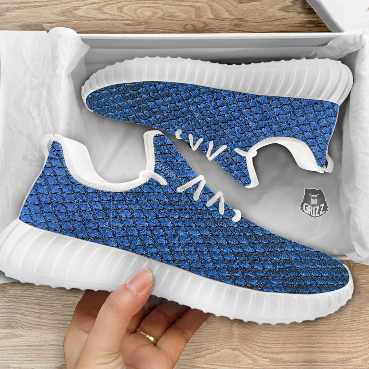 Snakeskin Steel Blue Print White Walking Shoes-grizzshop