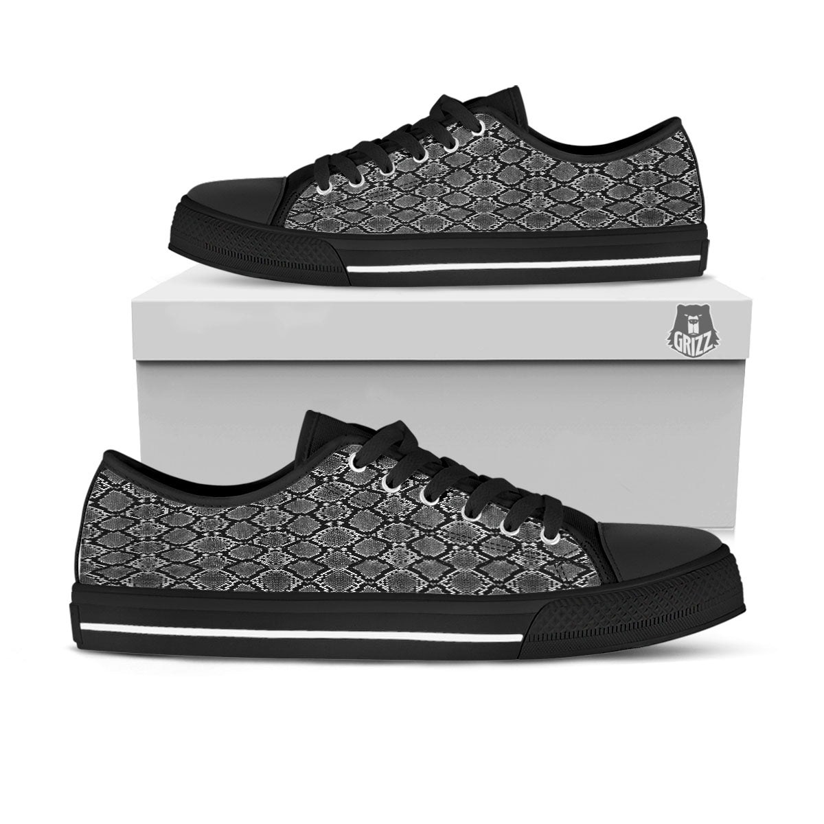 Snakeskin White And Black Print Black Low Top Shoes-grizzshop