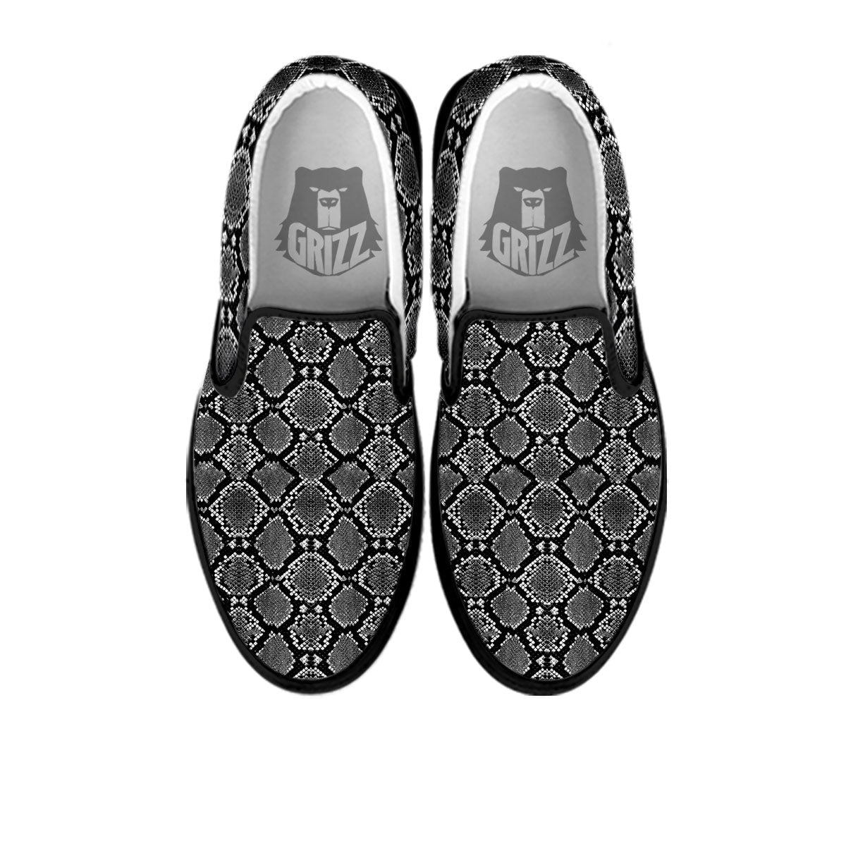 Snakeskin White And Black Print Black Slip On Shoes-grizzshop