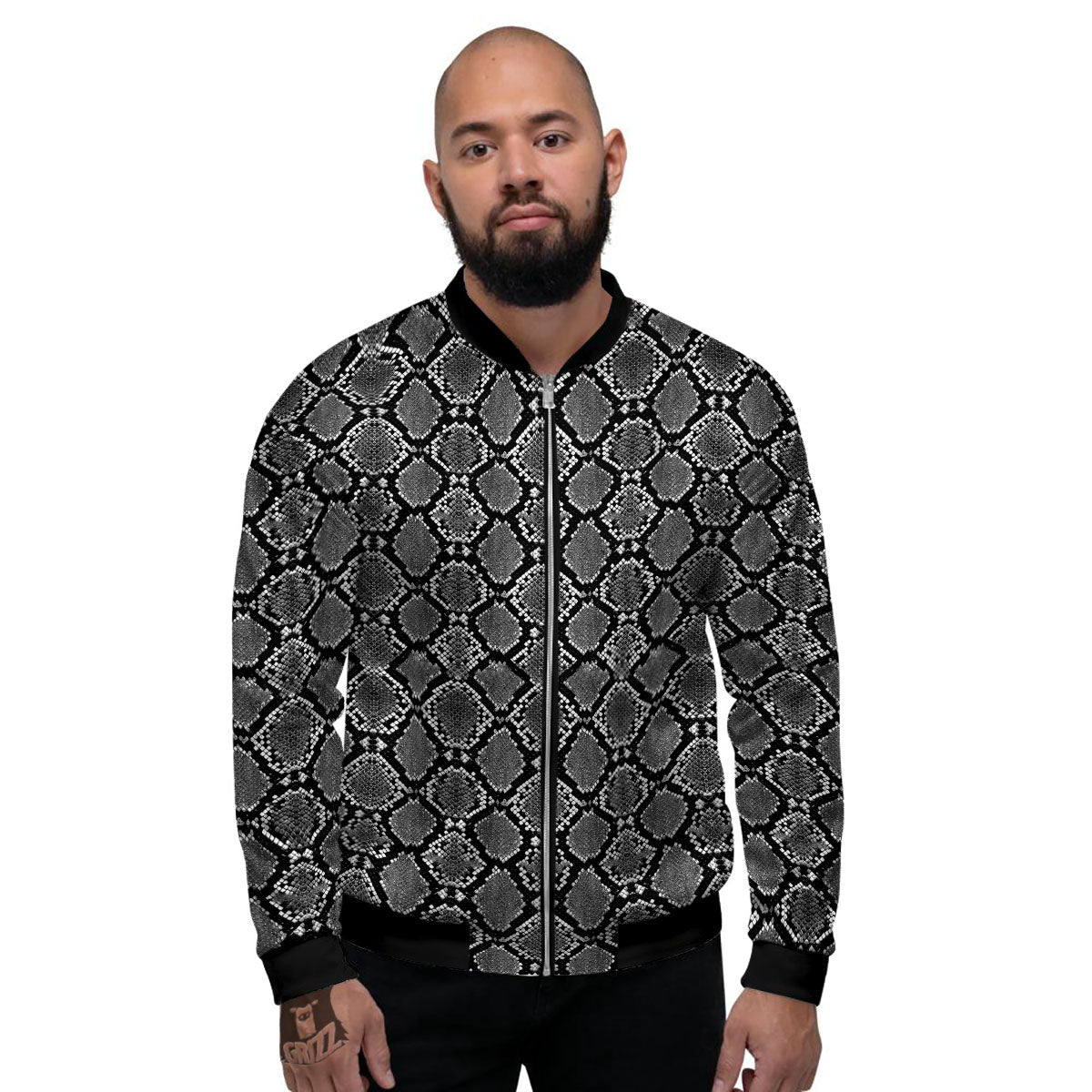 Snakeskin White And Black Print Men's Bomber Jacket-grizzshop