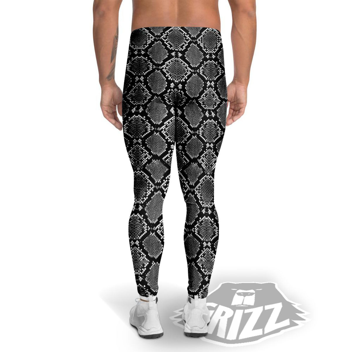 Snakeskin White And Black Print Men's Leggings-grizzshop