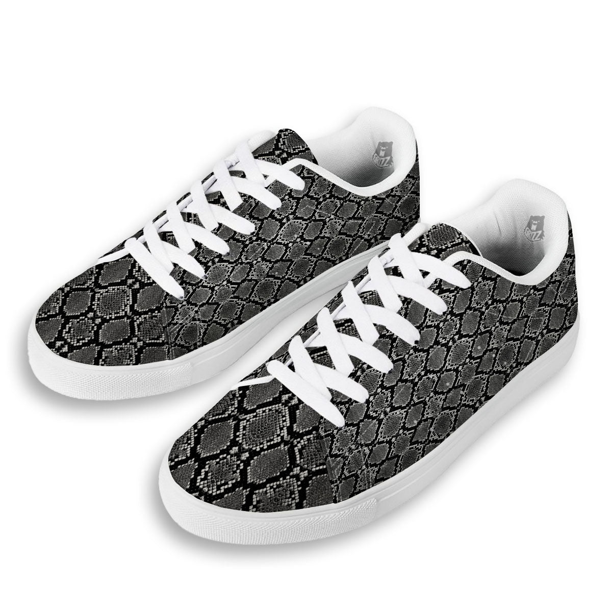 Snakeskin White And Black Print White Low Top Sneakers-grizzshop