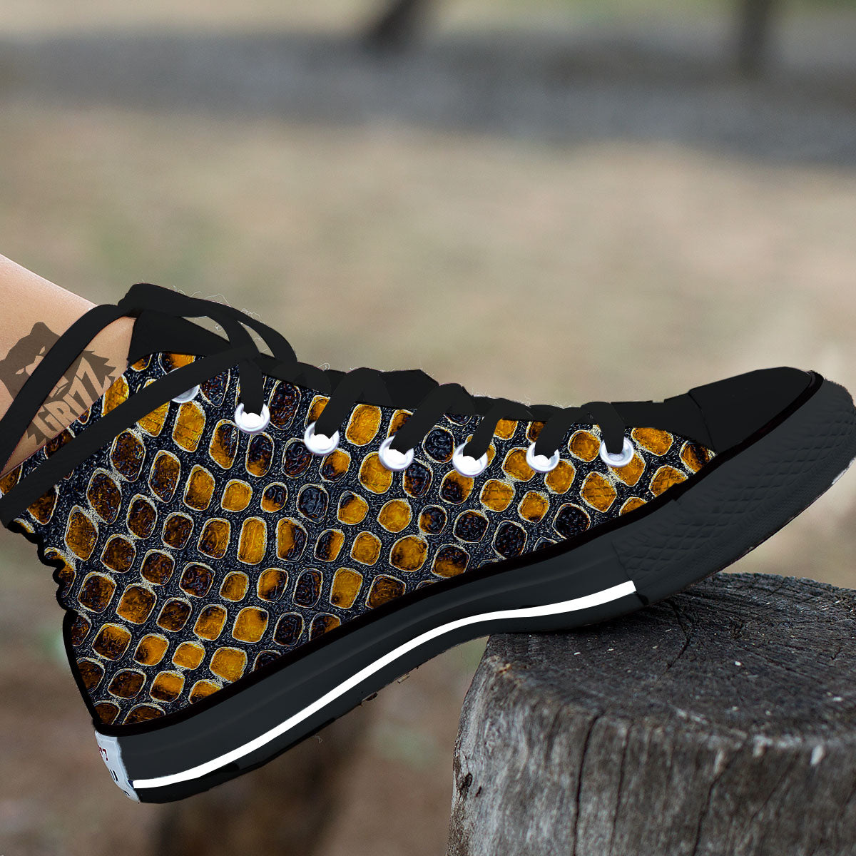 Snakeskin Yellow And Black Print Black High Top Shoes-grizzshop