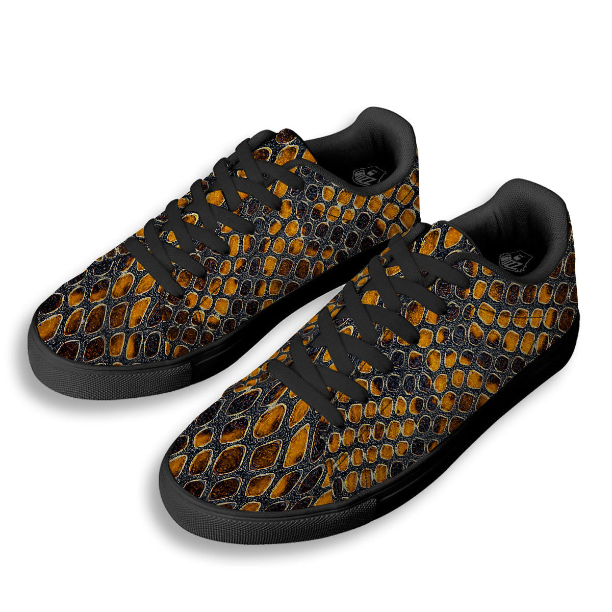 Snakeskin Yellow And Black Print Black Low Top Sneakers-grizzshop