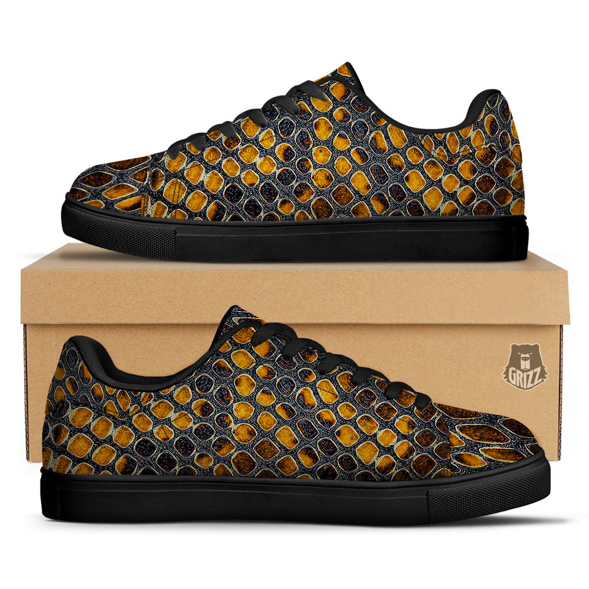 Snakeskin Yellow And Black Print Black Low Top Sneakers-grizzshop