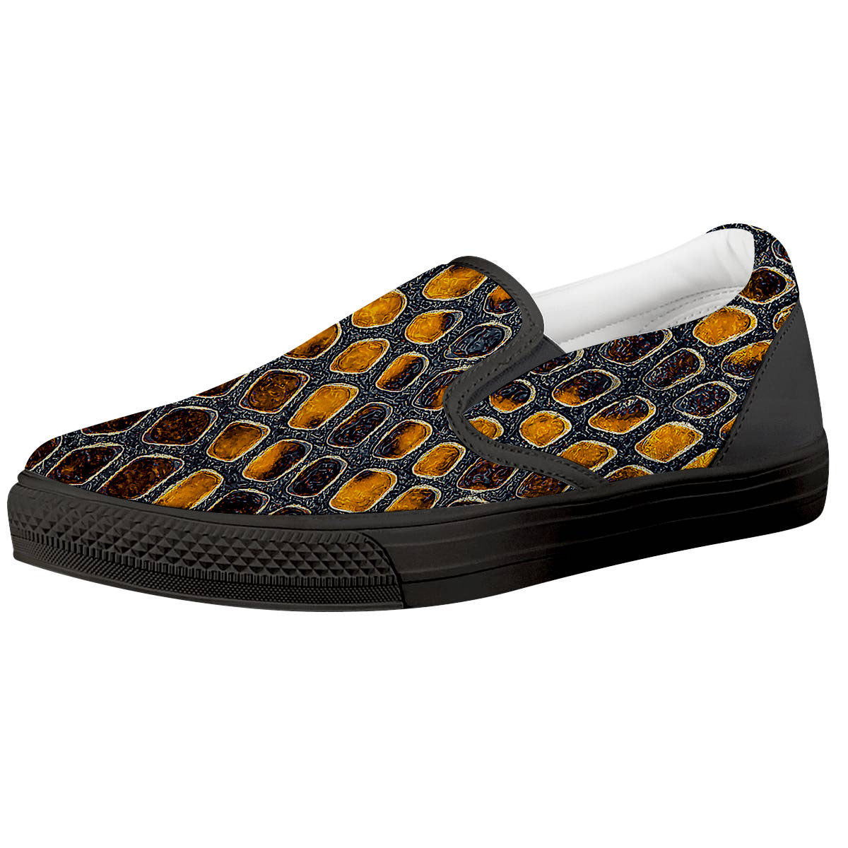Snakeskin Yellow And Black Print Black Slip On Shoes-grizzshop