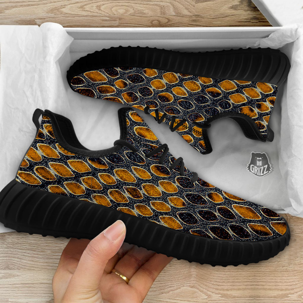 Snakeskin Yellow And Black Print Black Walking Shoes-grizzshop