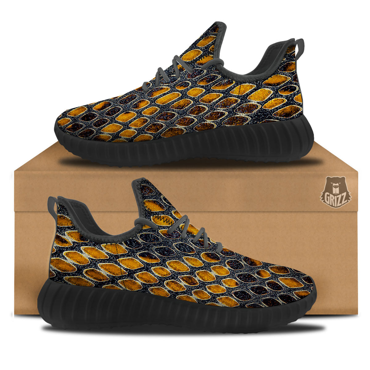 Snakeskin Yellow And Black Print Black Walking Shoes-grizzshop