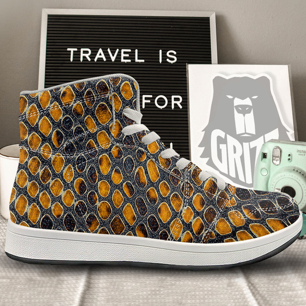 Snakeskin Yellow And Black Print High Top Sneakers-grizzshop