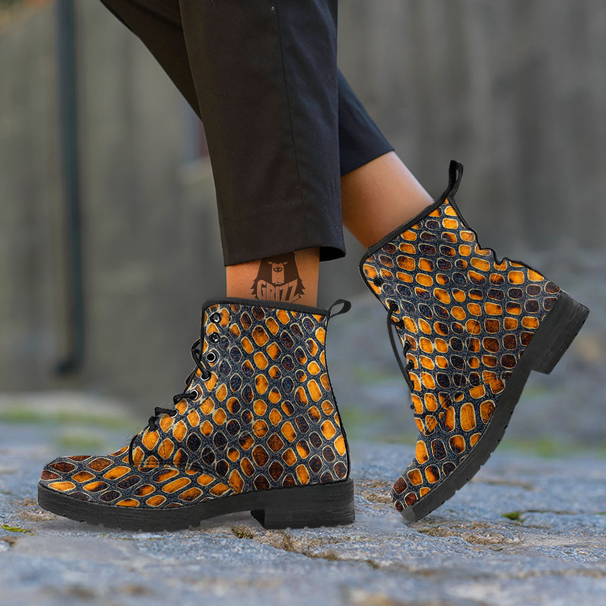 Snakeskin Yellow And Black Print Leather Boots-grizzshop