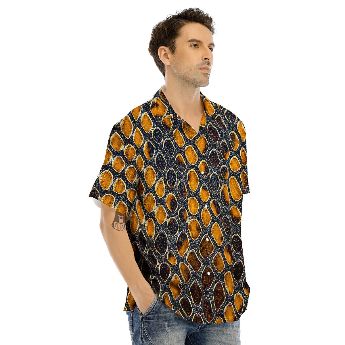 Snakeskin Yellow And Black Print Men's Hawaiian Shirt-grizzshop