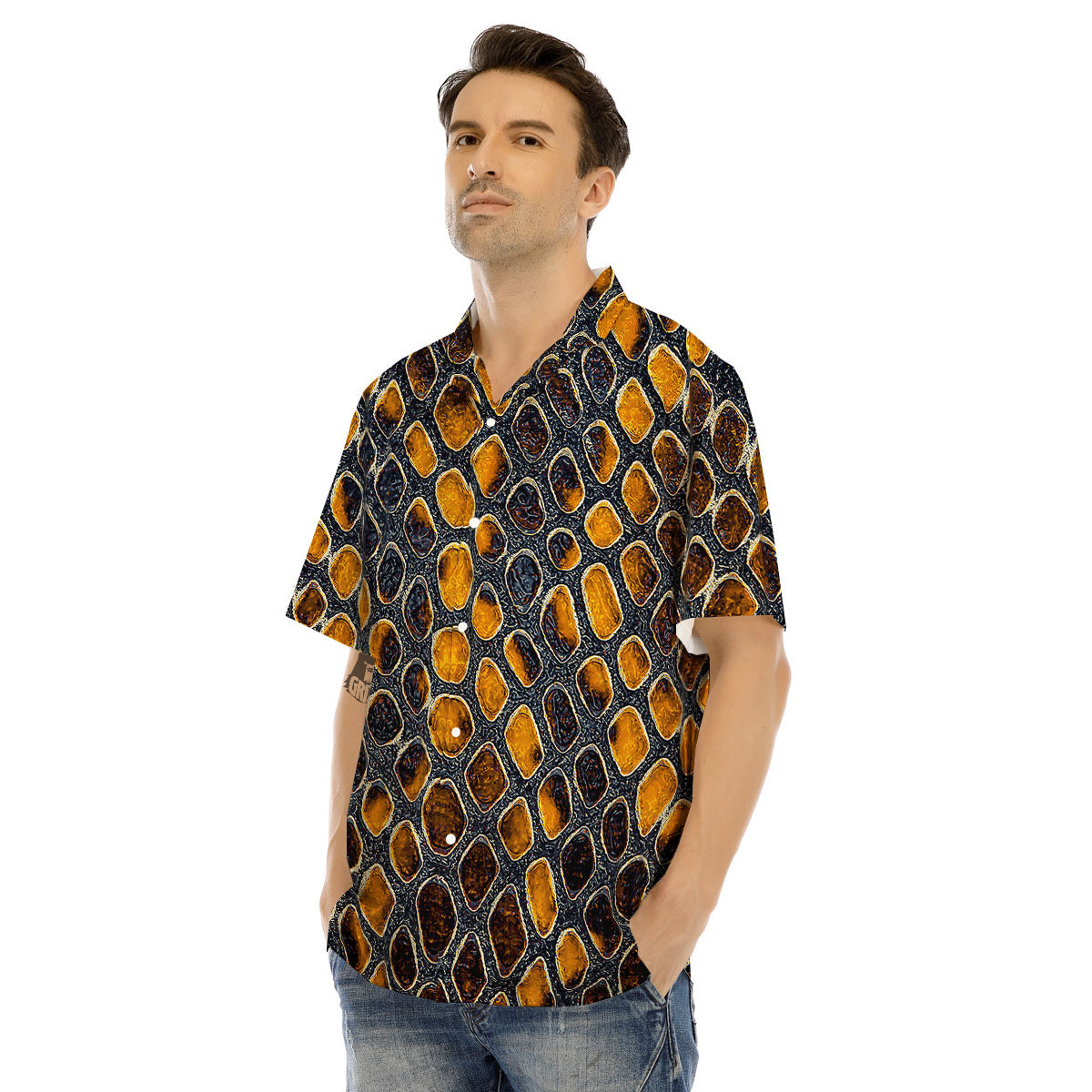 Snakeskin Yellow And Black Print Men's Hawaiian Shirt-grizzshop