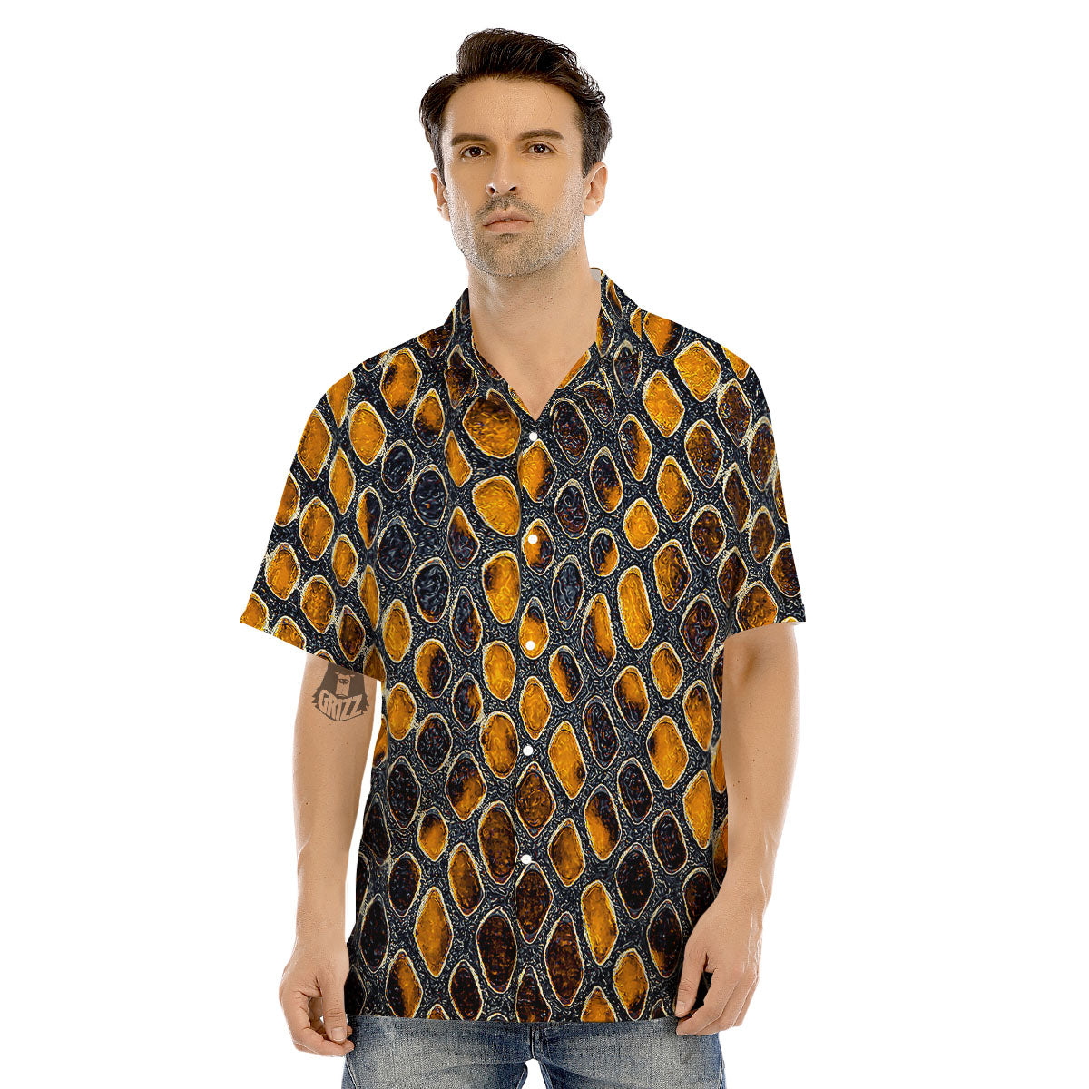 Snakeskin Yellow And Black Print Men's Hawaiian Shirt-grizzshop