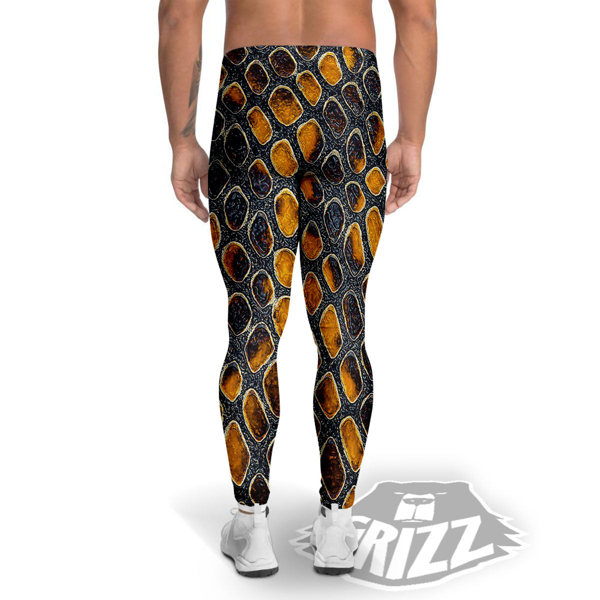 Snakeskin Yellow And Black Print Men's Leggings-grizzshop