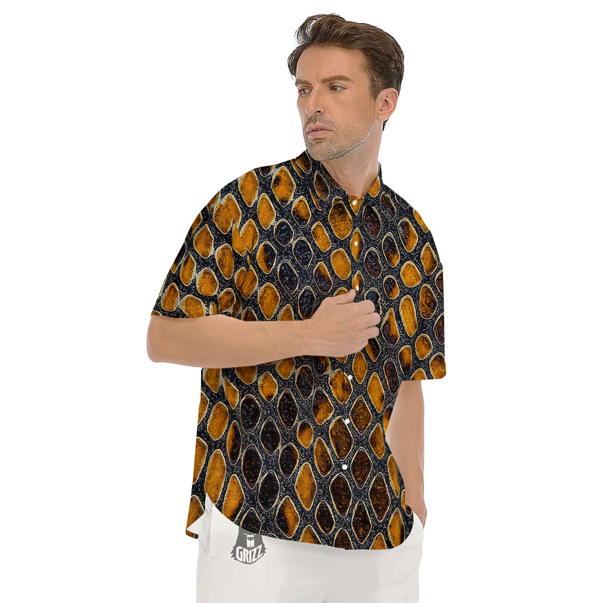 Snakeskin Yellow And Black Print Men's Short Sleeve Shirts-grizzshop