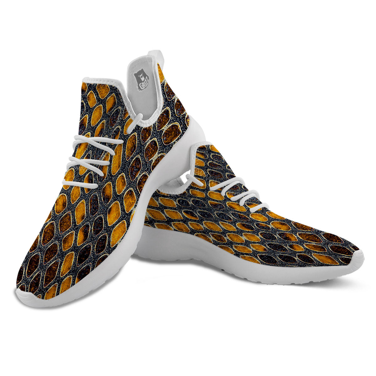 Snakeskin Yellow And Black Print White Athletic Shoes-grizzshop