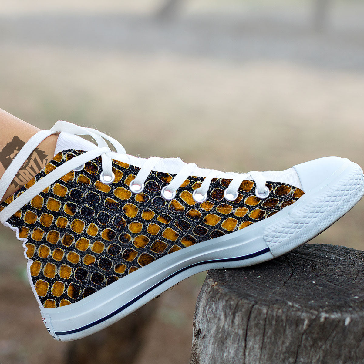 Snakeskin Yellow And Black Print White High Top Shoes-grizzshop