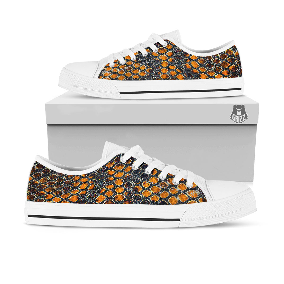 Snakeskin Yellow And Black Print White Low Top Shoes-grizzshop