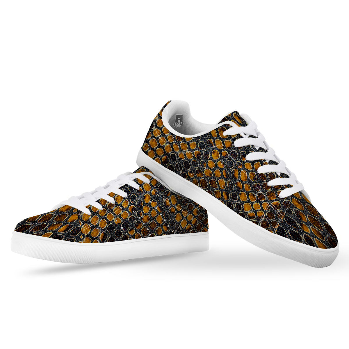 Snakeskin Yellow And Black Print White Low Top Sneakers-grizzshop