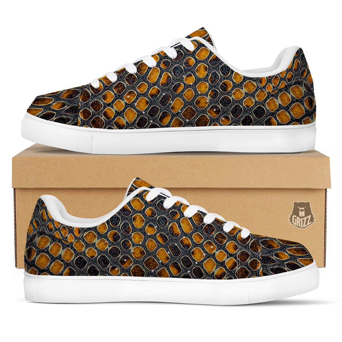 Snakeskin Yellow And Black Print White Low Top Sneakers-grizzshop