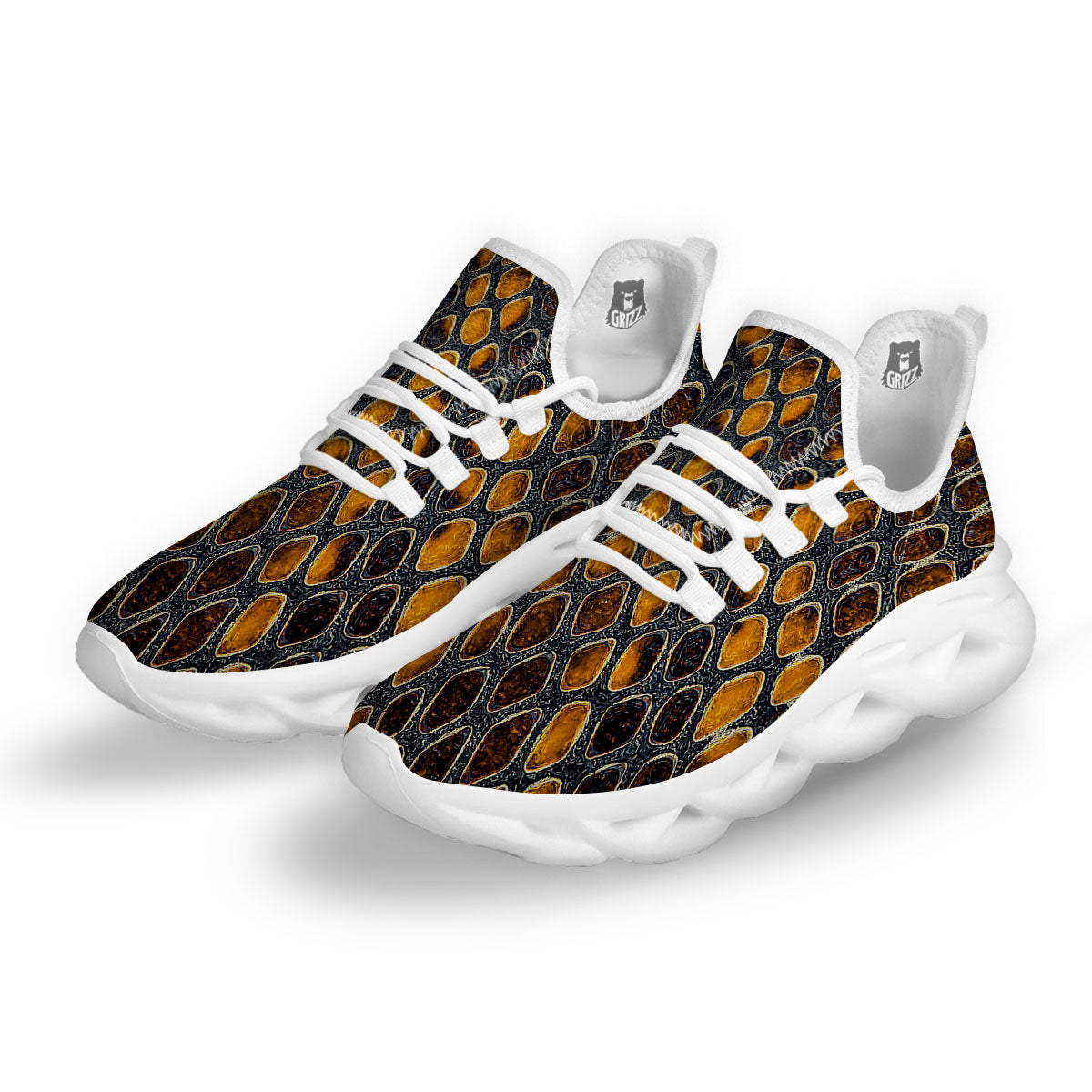 Snakeskin Yellow And Black Print White Running Shoes-grizzshop