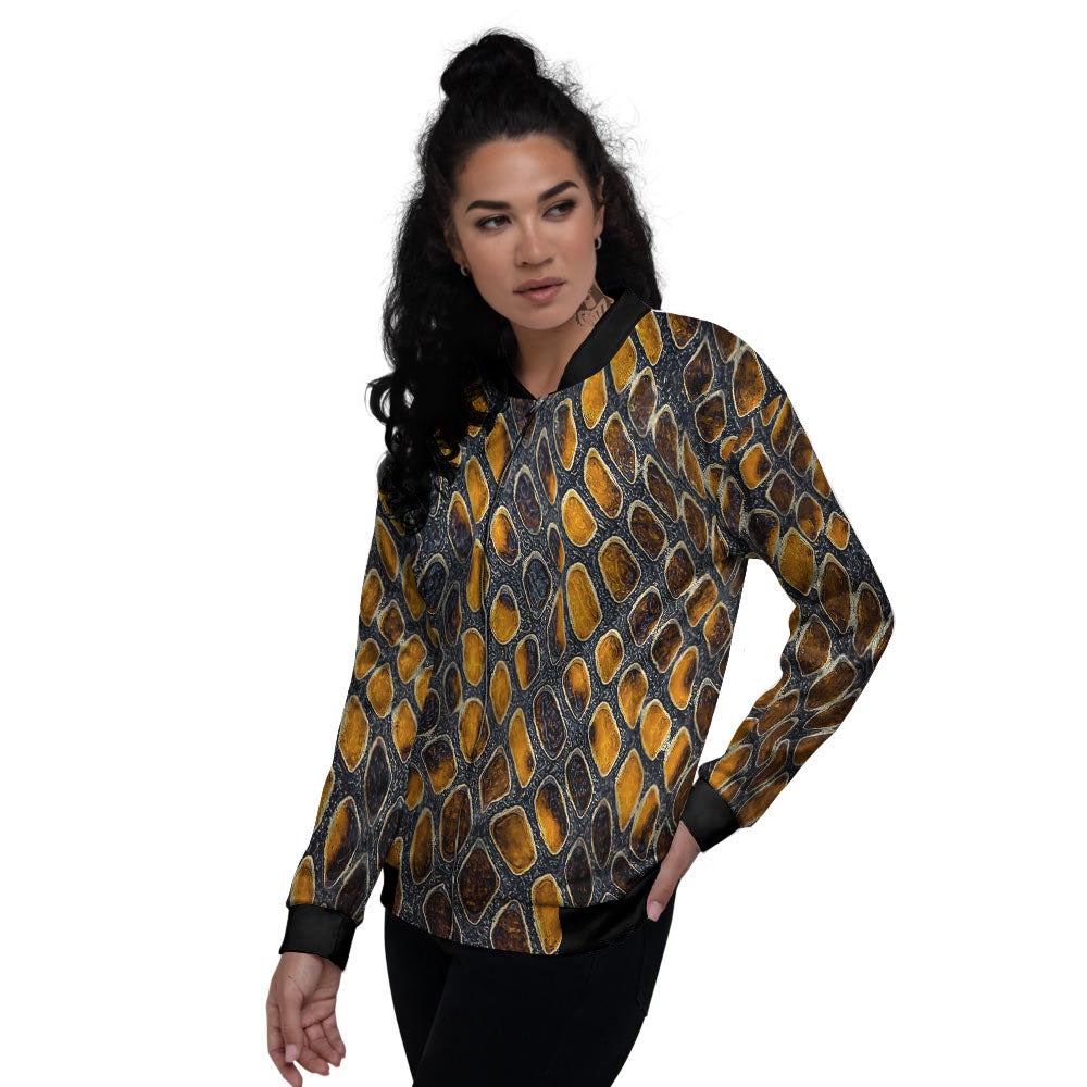 Snakeskin Yellow And Black Print Women's Bomber Jacket-grizzshop