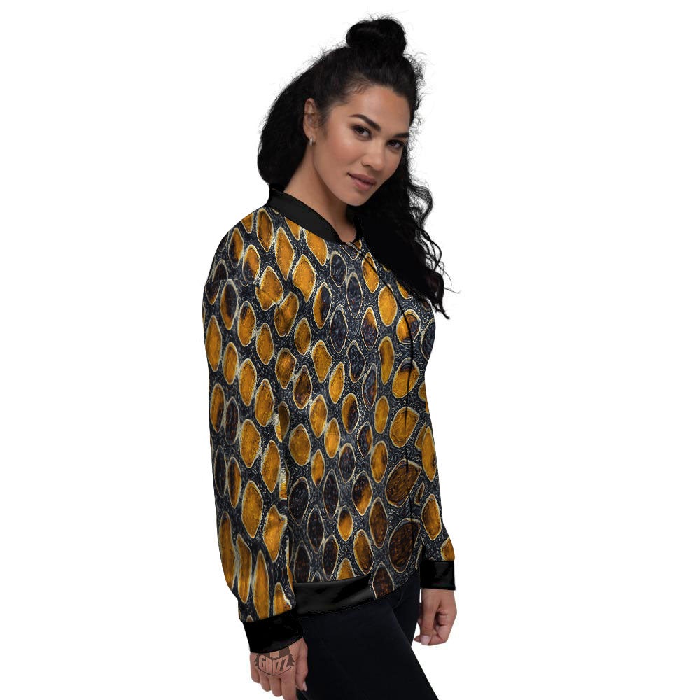 Snakeskin Yellow And Black Print Women's Bomber Jacket-grizzshop