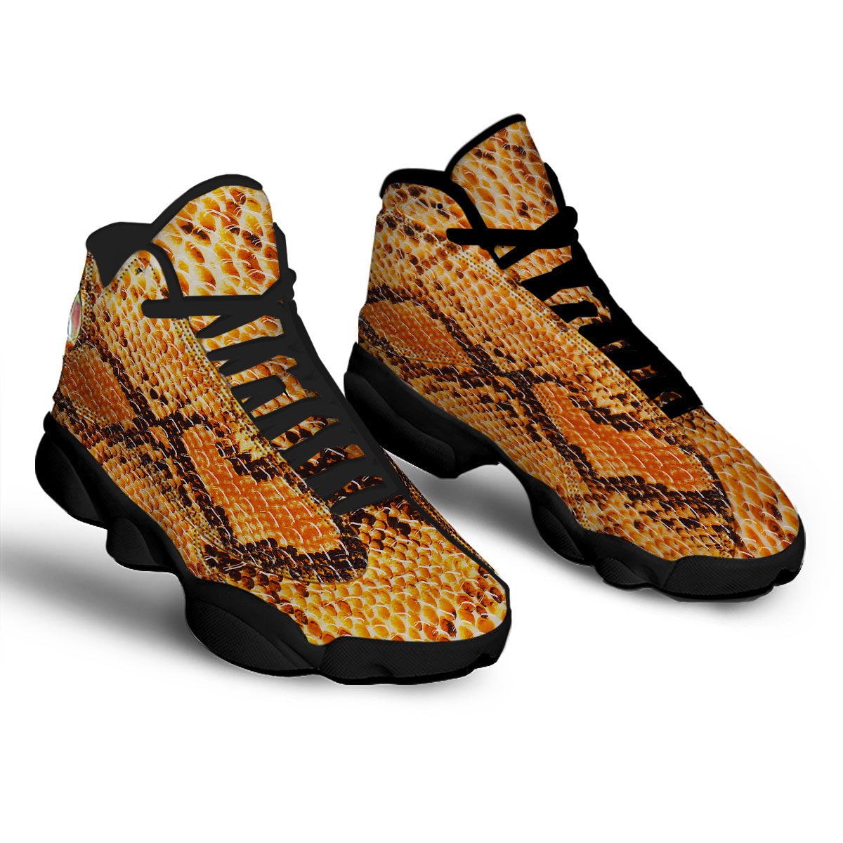 Snakeskin Yellow And Brown Print Black Basketball Shoes-grizzshop
