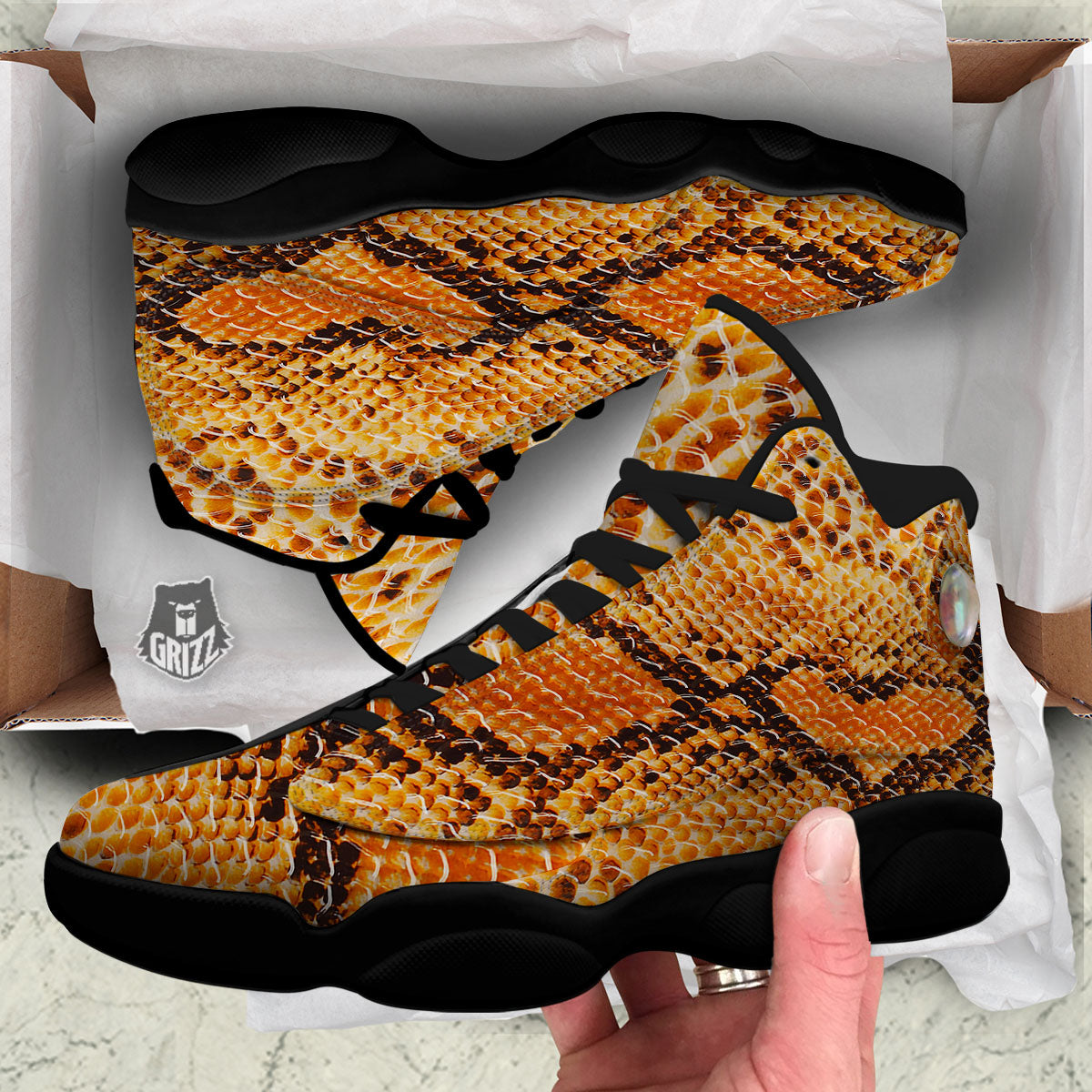 Snakeskin Yellow And Brown Print Black Basketball Shoes-grizzshop
