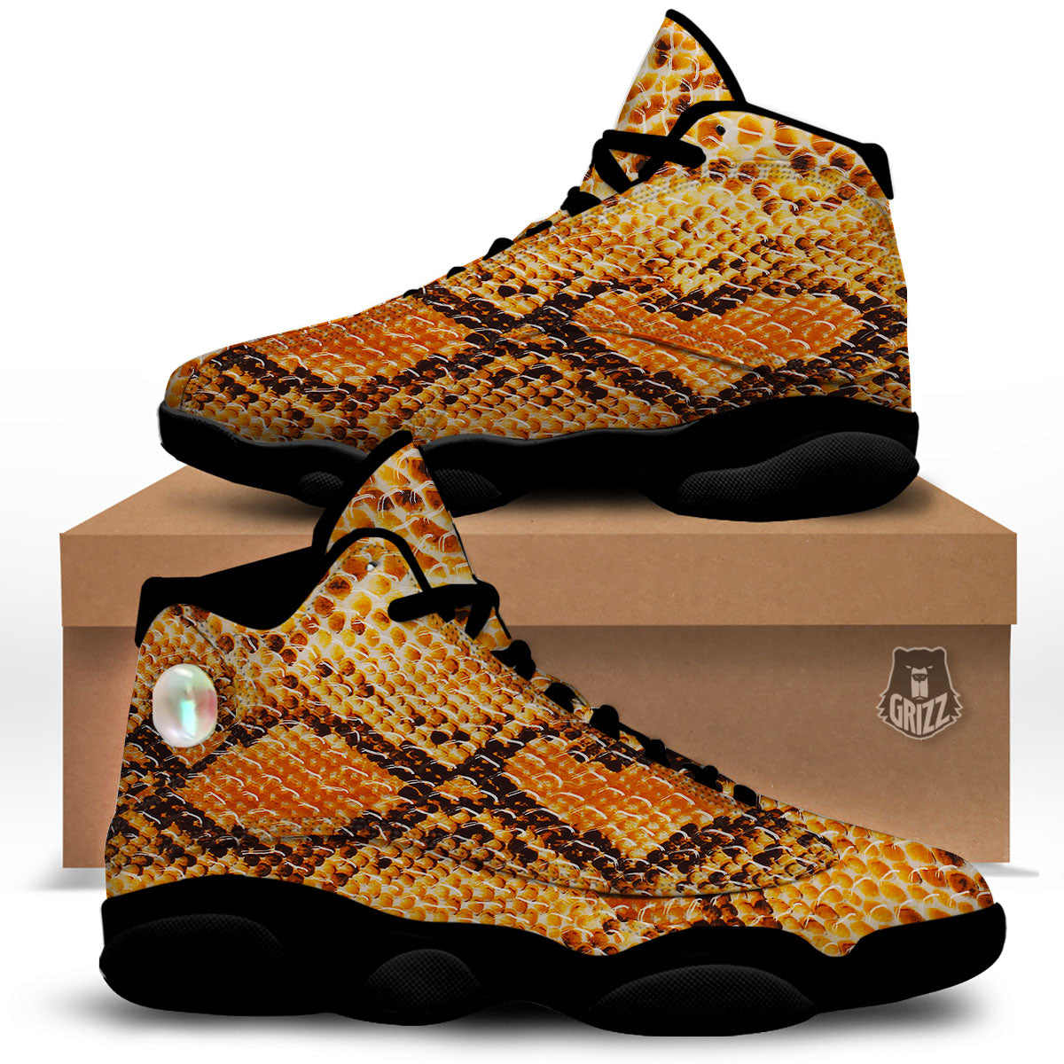 Snakeskin Yellow And Brown Print Black Basketball Shoes-grizzshop