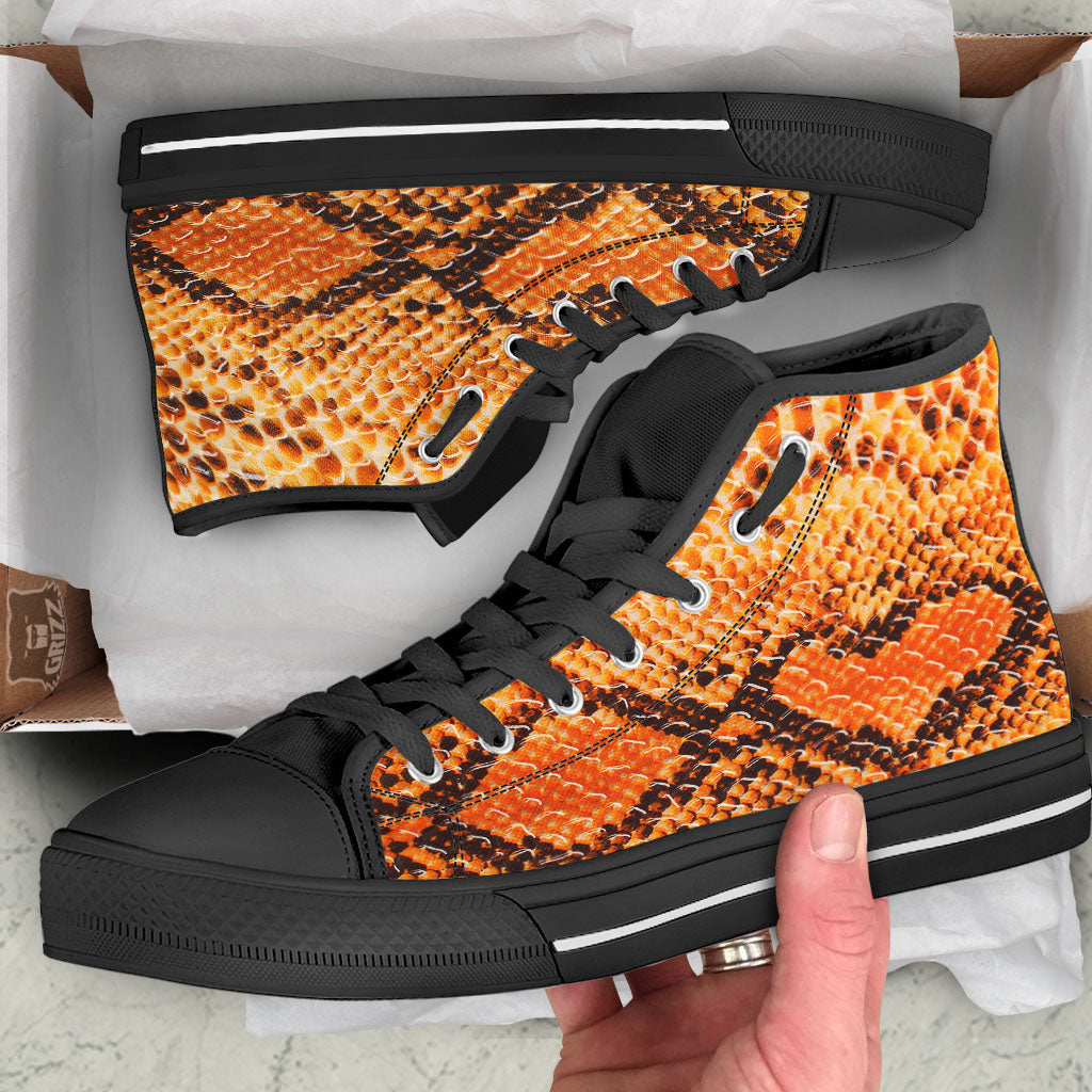 Snakeskin Yellow And Brown Print Black High Top Shoes-grizzshop