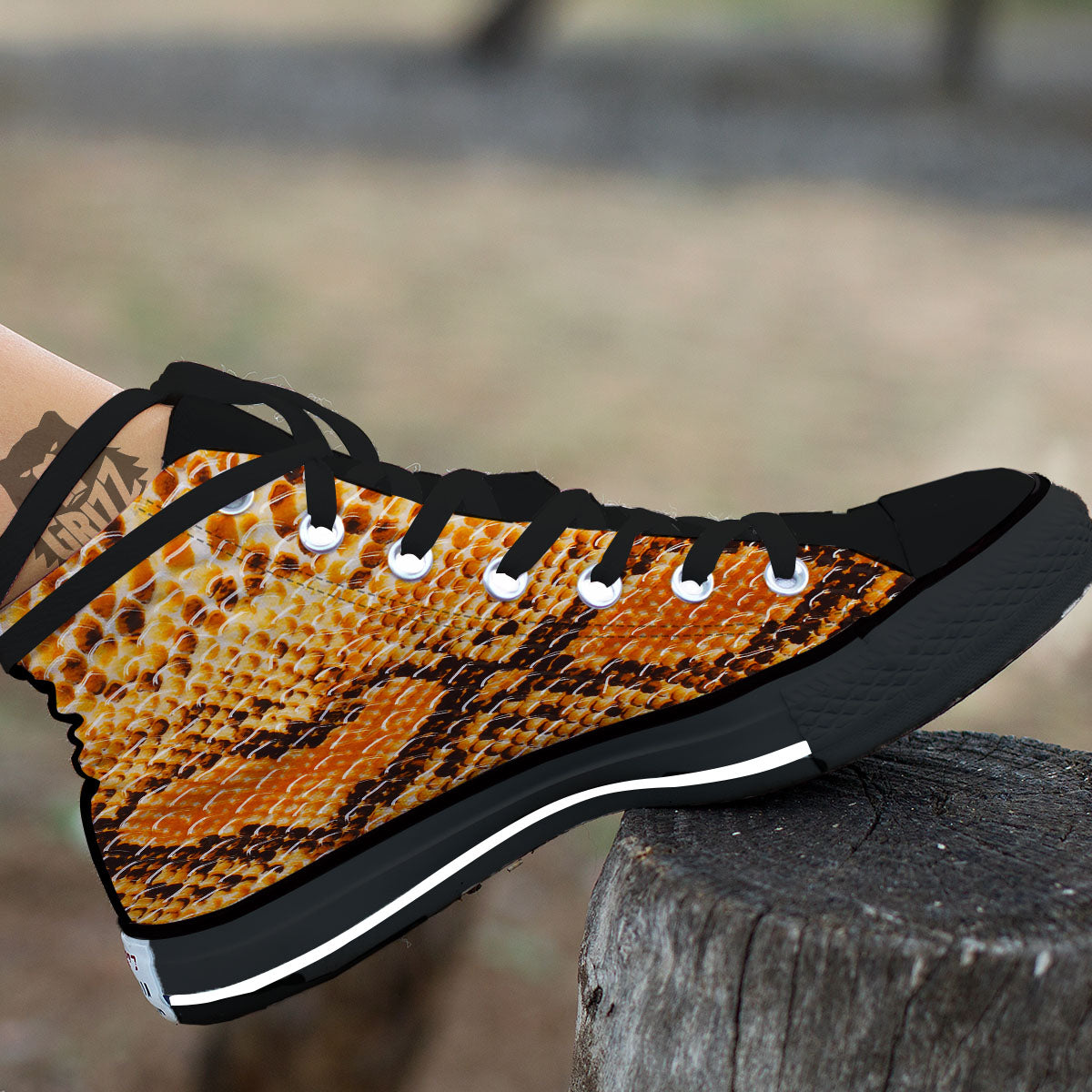 Snakeskin Yellow And Brown Print Black High Top Shoes-grizzshop