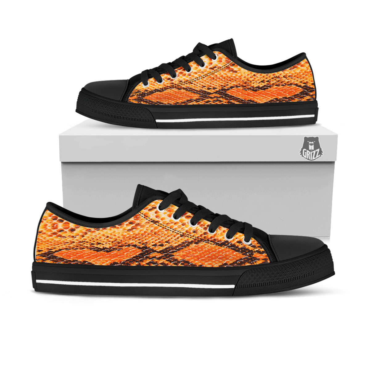 Snakeskin Yellow And Brown Print Black Low Top Shoes-grizzshop