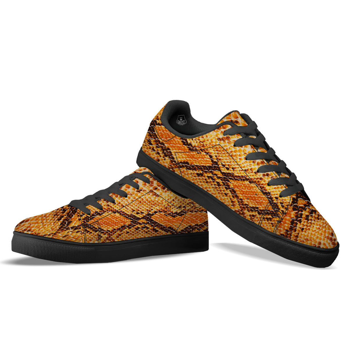 Snakeskin Yellow And Brown Print Black Low Top Sneakers-grizzshop