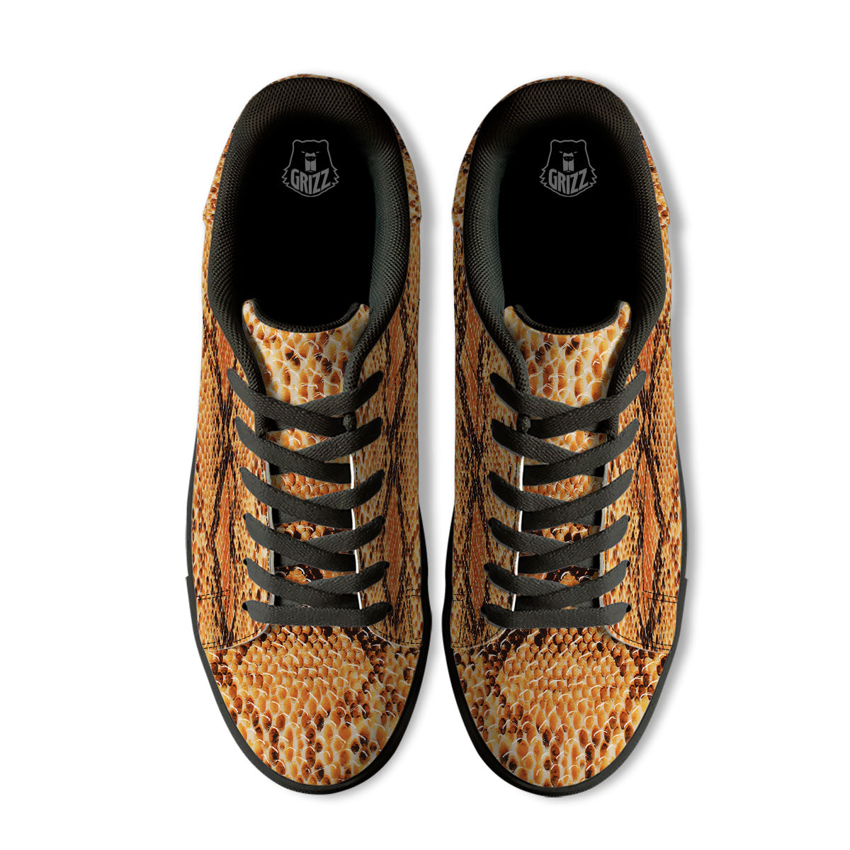 Snakeskin Yellow And Brown Print Black Low Top Sneakers-grizzshop