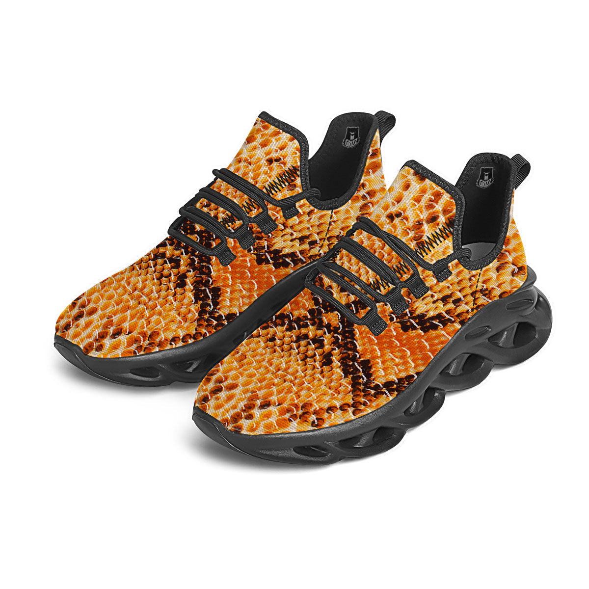 Snakeskin Yellow And Brown Print Black Running Shoes-grizzshop