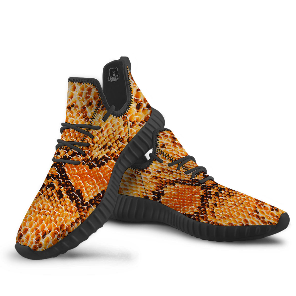 Snakeskin Yellow And Brown Print Black Walking Shoes-grizzshop