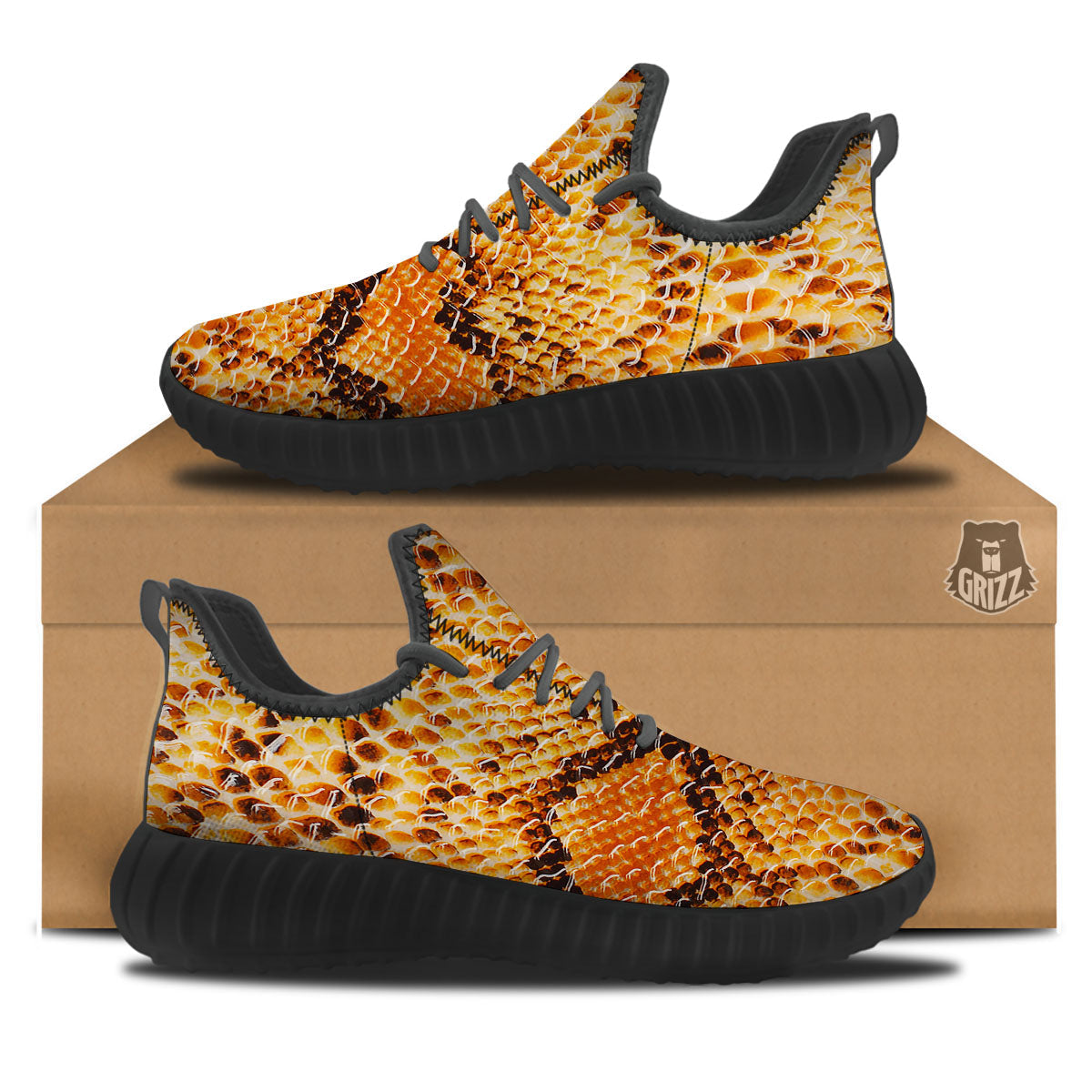 Snakeskin Yellow And Brown Print Black Walking Shoes-grizzshop