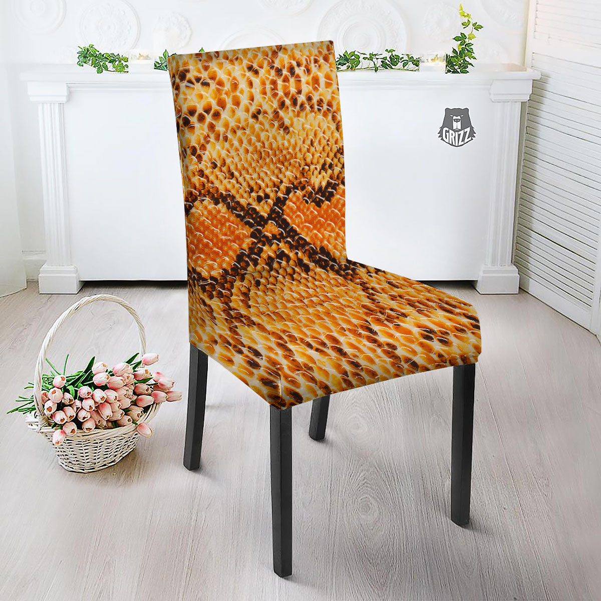 Snakeskin Yellow And Brown Print Dining Chair Slipcover-grizzshop