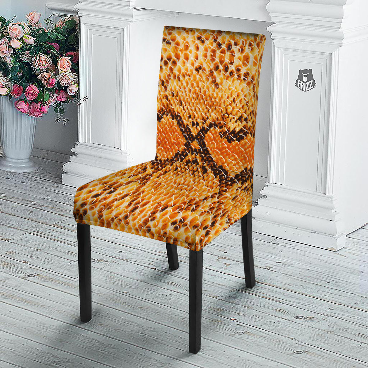 Snakeskin Yellow And Brown Print Dining Chair Slipcover-grizzshop