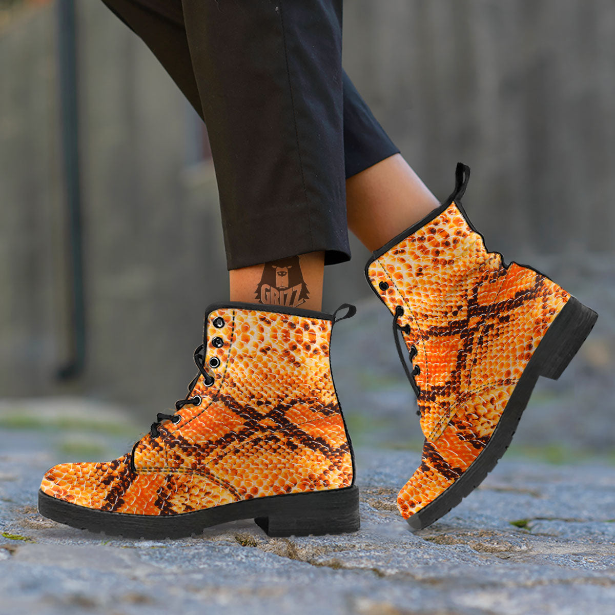Snakeskin Yellow And Brown Print Leather Boots-grizzshop