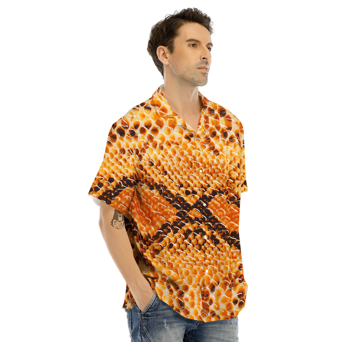 Snakeskin Yellow And Brown Print Men's Hawaiian Shirt-grizzshop