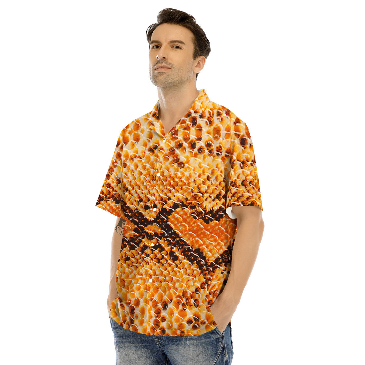 Snakeskin Yellow And Brown Print Men's Hawaiian Shirt-grizzshop