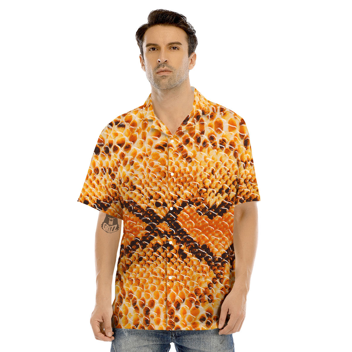 Snakeskin Yellow And Brown Print Men's Hawaiian Shirt-grizzshop