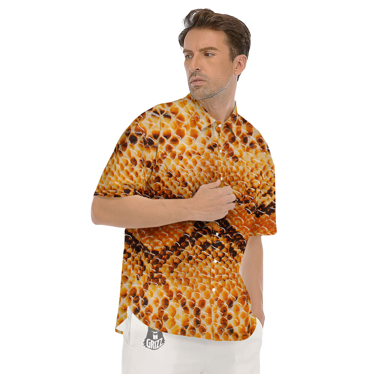 Snakeskin Yellow And Brown Print Men's Short Sleeve Shirts-grizzshop